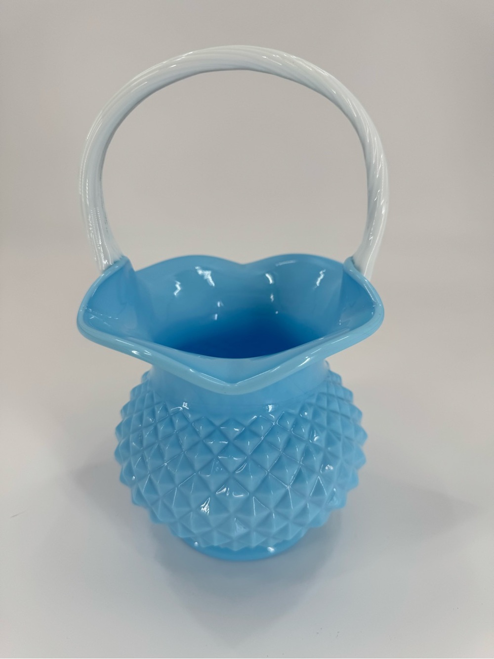 Vintage Westmoreland Blue Milk Glass English Hobnail Basket White Twisted Handle